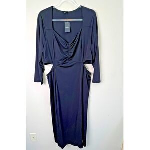 Torrid Maxi Studio Knit Dress 18/20 Black Ruched Drape Long Sleeve Side Cut Out